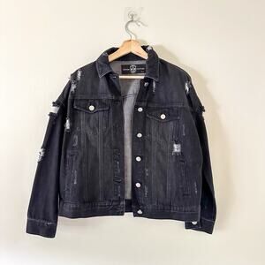 Hipchik Couture Star Embellished Distressed Denim Jacket Black L